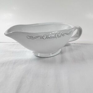 Devotions Collection THANKFUL Farmhouse Gravy Boat Stoneware Off White Embossed